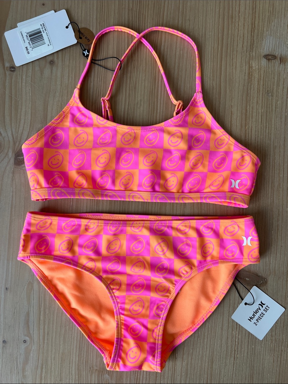 Hurley Pink and Orange Girls 2PC Swim Set watermelon neon smiley face bikini